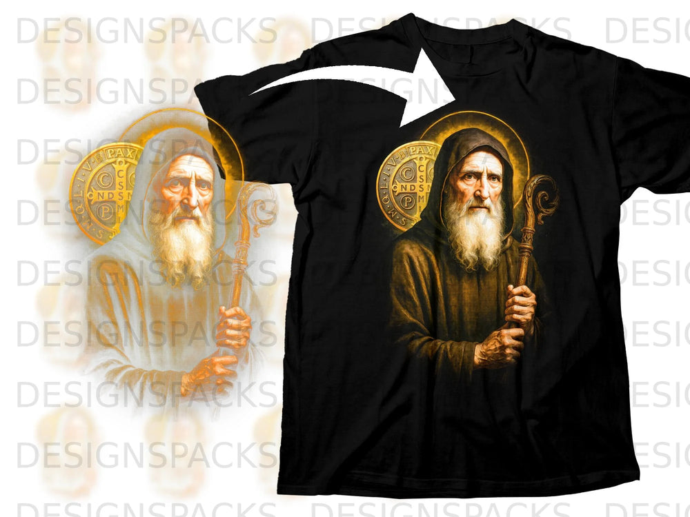 Black t-shirt featuring a graphic of Saint Benedict holding a staff and cross.