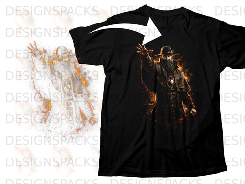 Black t-shirt with a graphic of a wizard with outstretched arms and fiery accents.