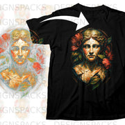 Black t-shirt with distressed ancient statue head and floral graphic.