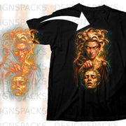 Black t-shirt with Medusa holding a severed head with snakes in her hair.