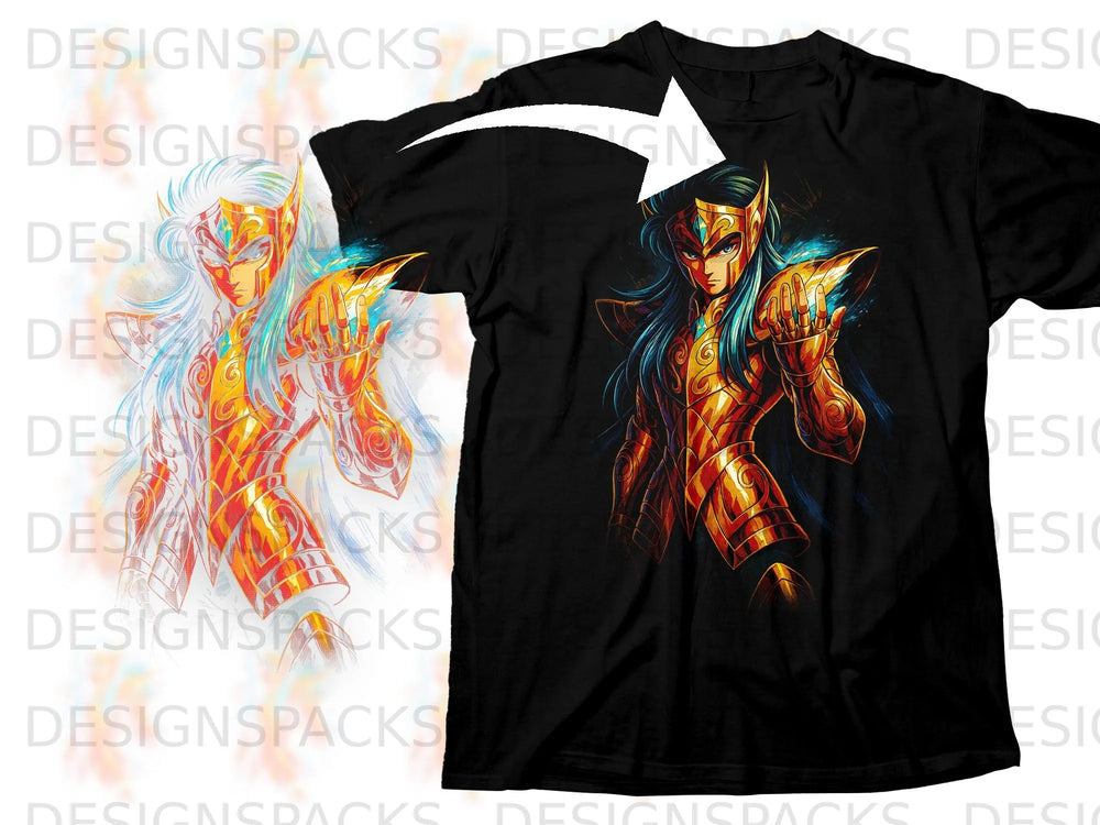 Black t-shirt featuring anime character with gold armor and blue hair.