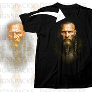 Black t-shirt with a Viking portrait graphic and a white arrow pointing to the design.