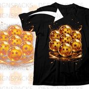 Black t-shirt with a graphic of golden Dragon Balls with red stars.