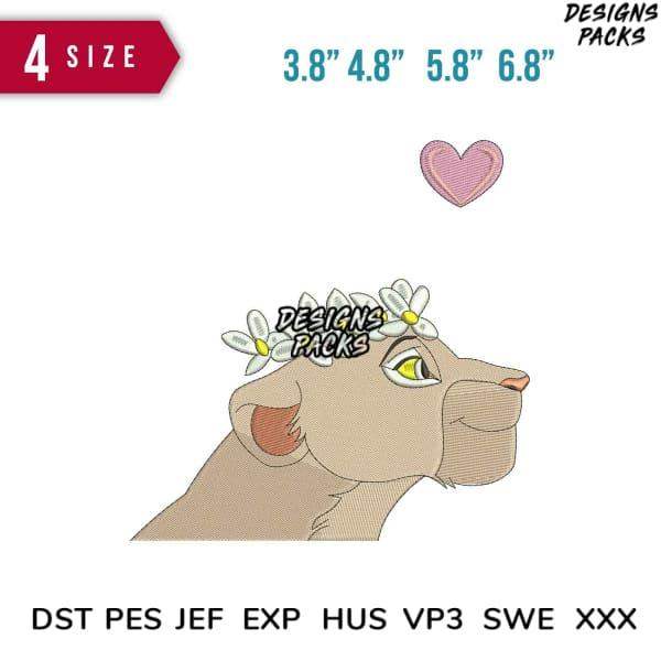 Lioness with daisy crown embroidery design, 4 sizes, PES DST JEF formats, instant download