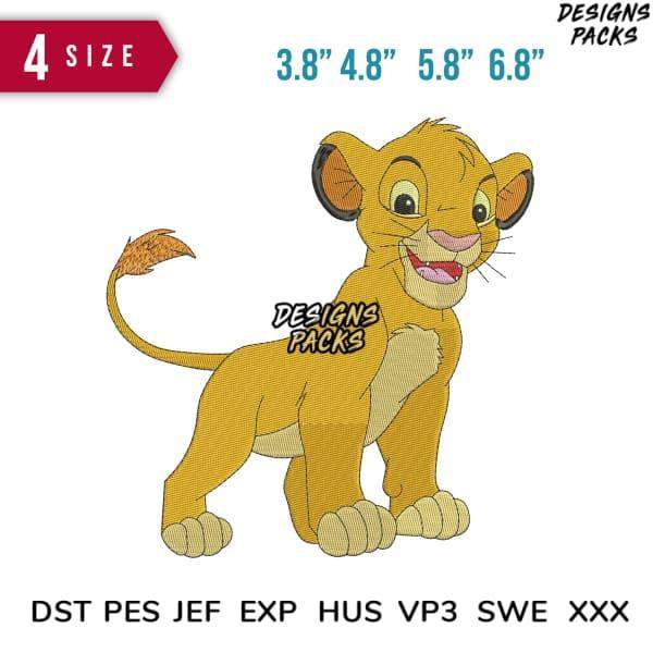 Cute lion cub embroidery design in multiple sizes, compatible with DST PES JEF formats for instant download.