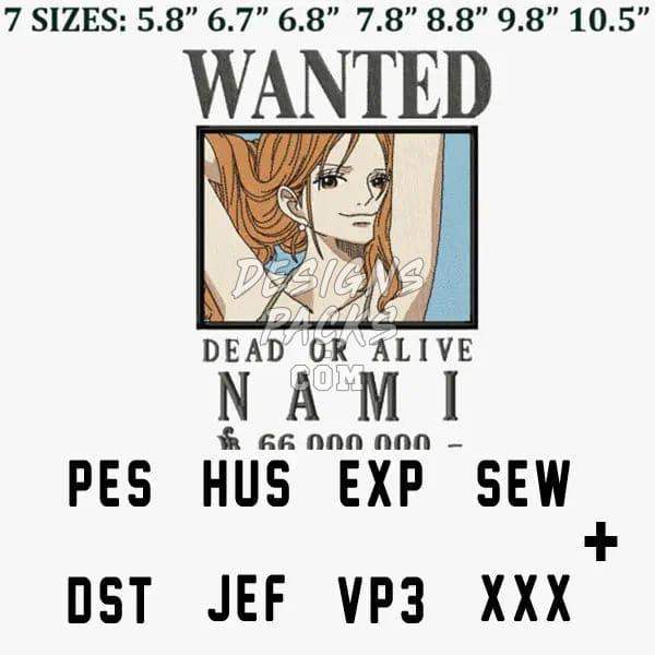 Nami wanted poster embroidery design in PES, DST, HUS, JEF formats for instant download