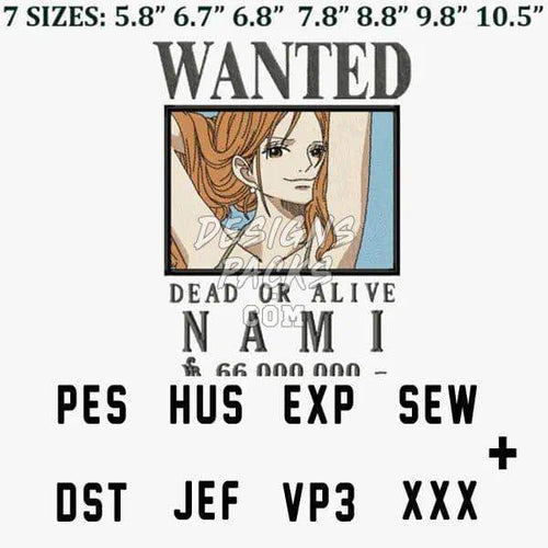 Nami wanted poster embroidery design in PES, DST, HUS, JEF formats for instant download