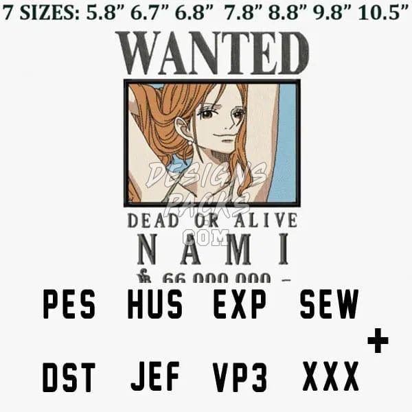 Nami Wanted One Piece Anime Embroidery Design designspacks