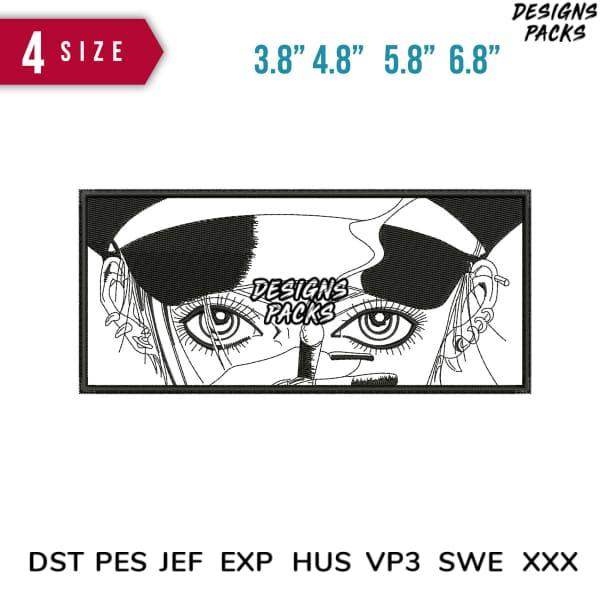Anime-style embroidery design with bold eyes, available in 4 sizes and multiple formats for instant download.