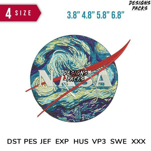 NASA logo embroidery design with Van Gogh swirls, 4 sizes, DST PES JEF formats for instant download