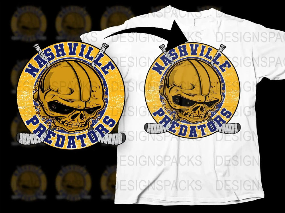 Nashville Predators skull design on white t-shirt, hockey-themed print-ready graphic