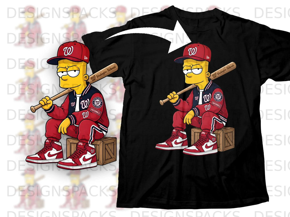 Bart Simpson in Washington Nationals gear holding a baseball bat.