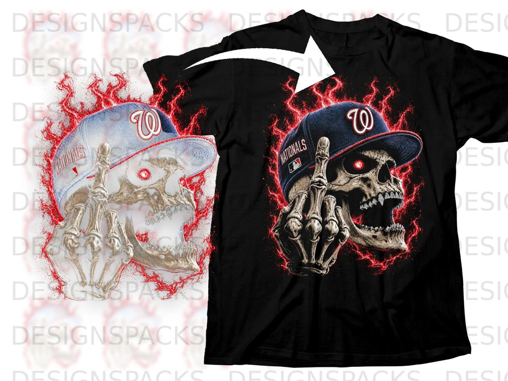 Skull with Washington Nationals hat, flashing red lightning, showing middle finger.