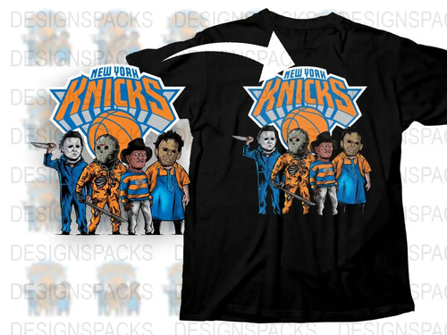 New York Knicks Horror Movie Characters Mashup T-Shirt, Unisex Basketball Fan Apparel, Unique Graphic Tee