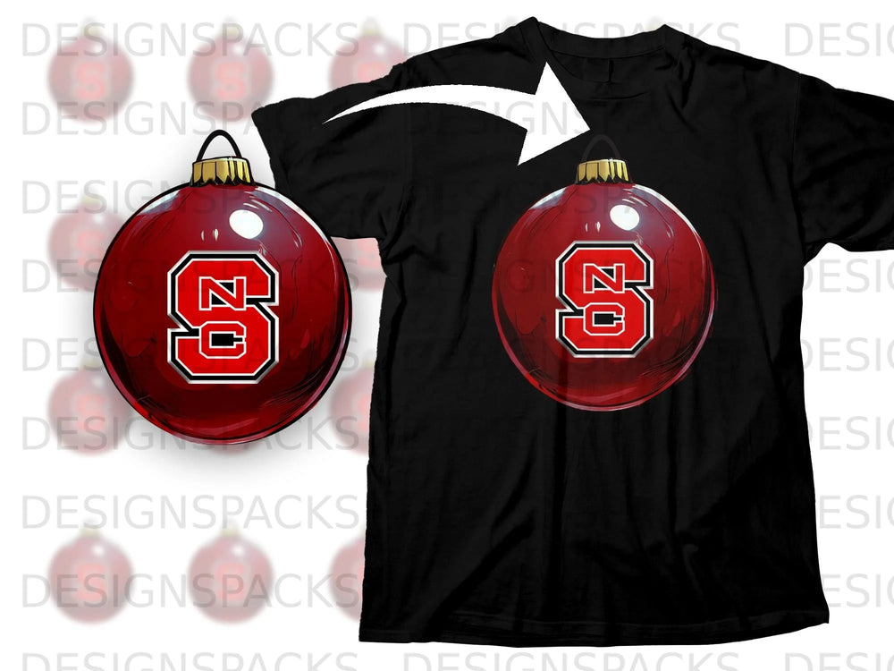 Black t-shirt with red NC State ornament graphic and white arrow.
