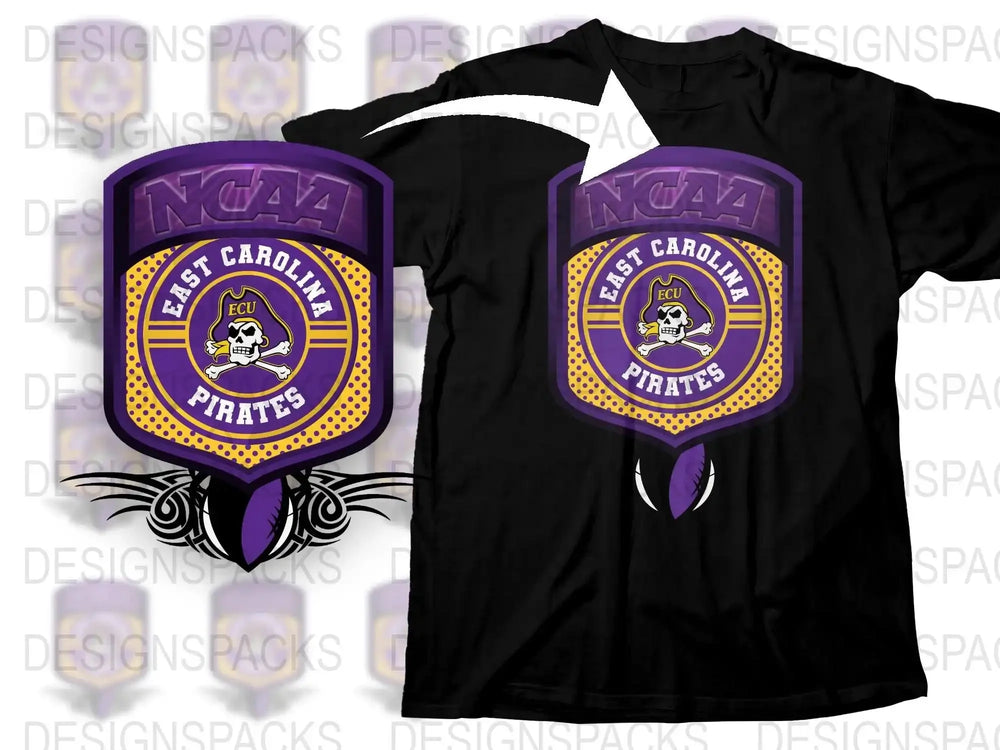 East Carolina University Pirates T-Shirt, NCAA Sports Tee, Purple and Gold Logo, Fan Apparel