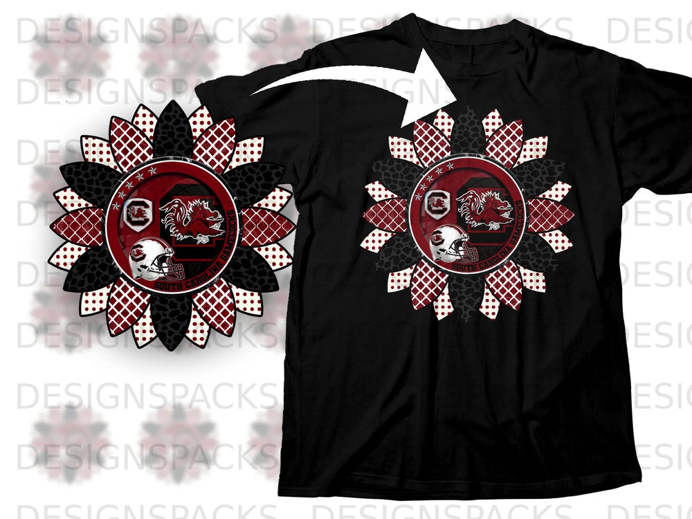 Sunflower graphic for South Carolina Gamecocks with football helmet and mascot.