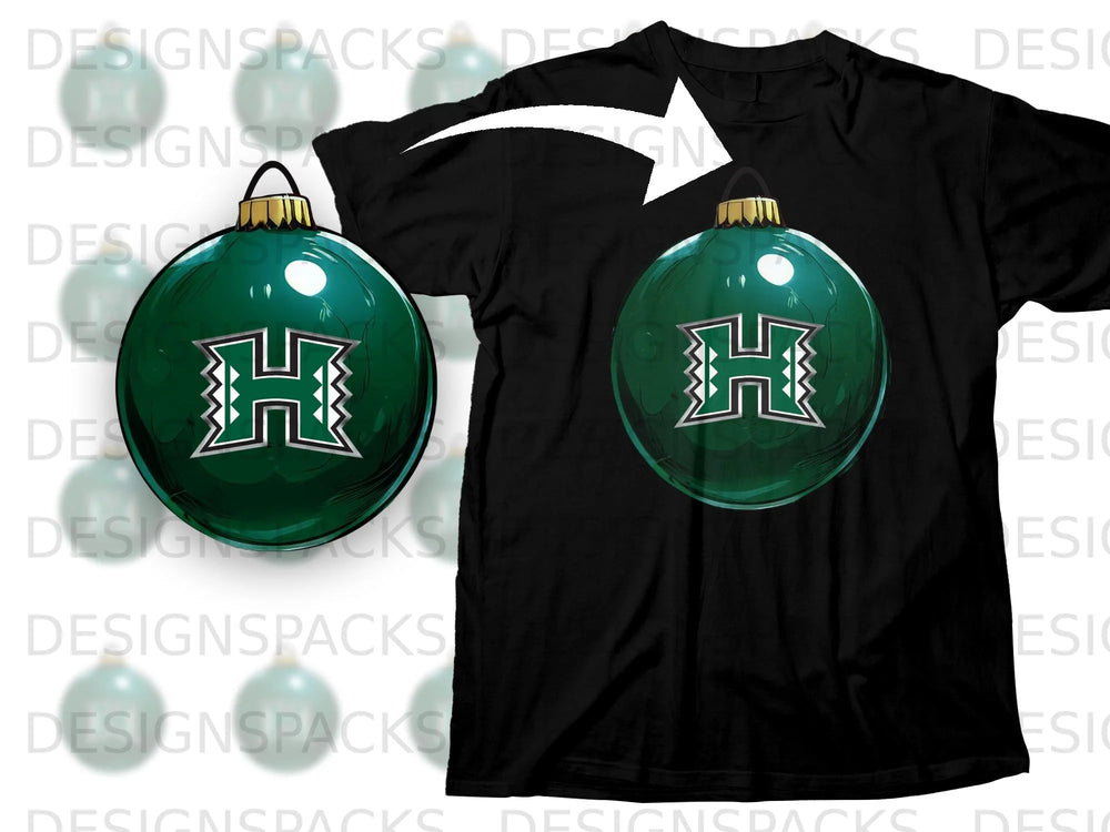 Black t-shirt with a green holiday ornament featuring the University of Hawaii logo.