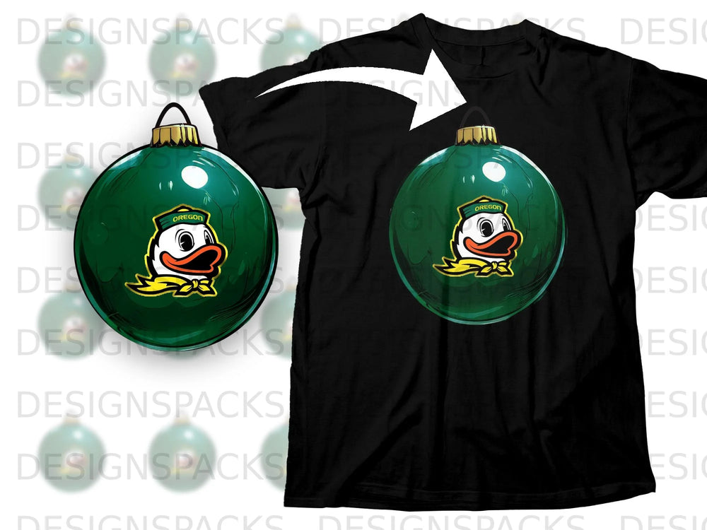 Oregon Ducks mascot on a green Christmas ornament on a black t-shirt.