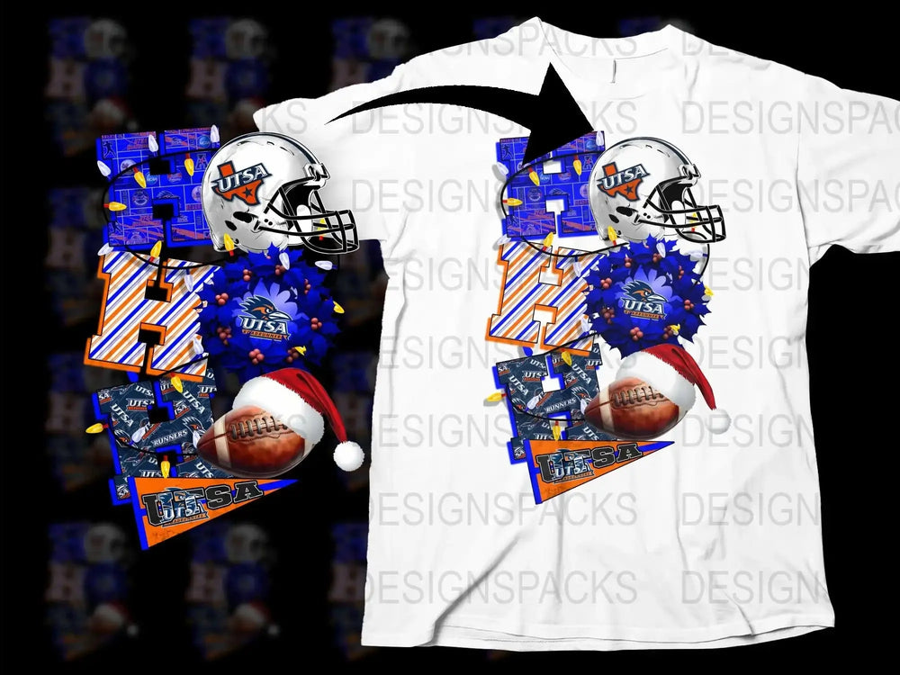 UTSA Roadrunners Football Fan T-Shirt with Helmet Design - Blue and Orange Floral Pattern, Sports Apparel for Game Day.