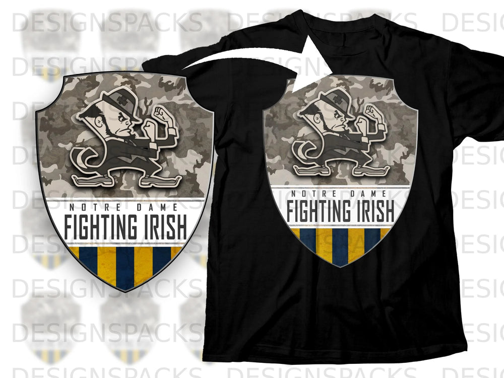 Black t-shirt with Notre Dame Fighting Irish shield logo on camouflage background.