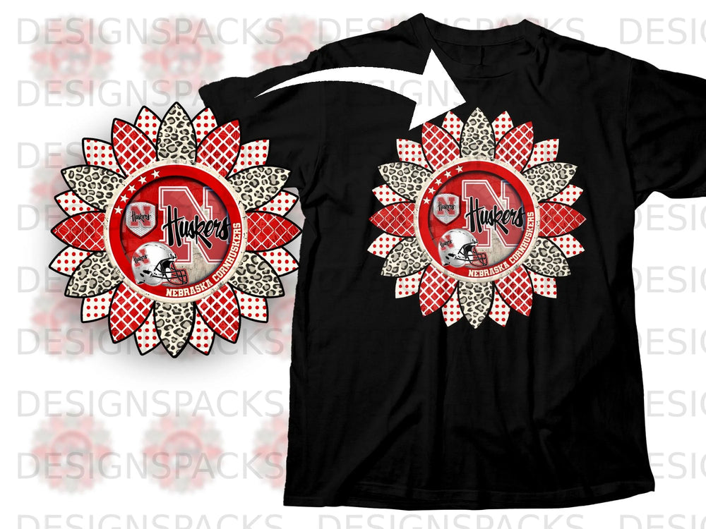 Black t-shirt with a sunflower design featuring Nebraska Cornhuskers logo and football helmet.