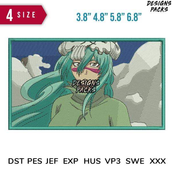 Anime-style embroidery design with teal hair, available in 4 sizes & multiple formats like PES, DST, EXP for instant download.