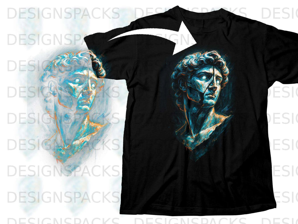 Black t-shirt featuring a blue and orange abstract statue head design.