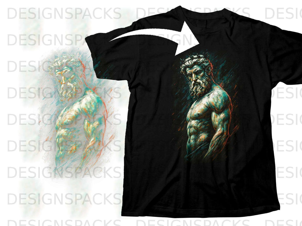 Black t-shirt with a colorful depiction of a muscular, bearded man.
