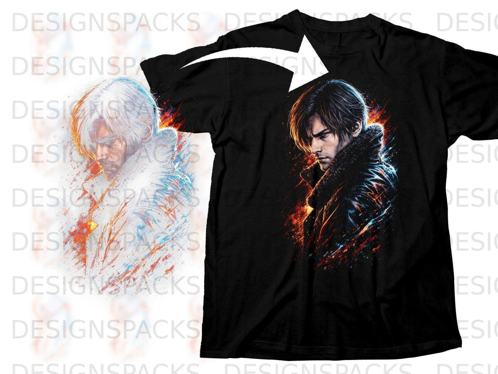 Black t-shirt with anime style illustration of a man with a fur collar.