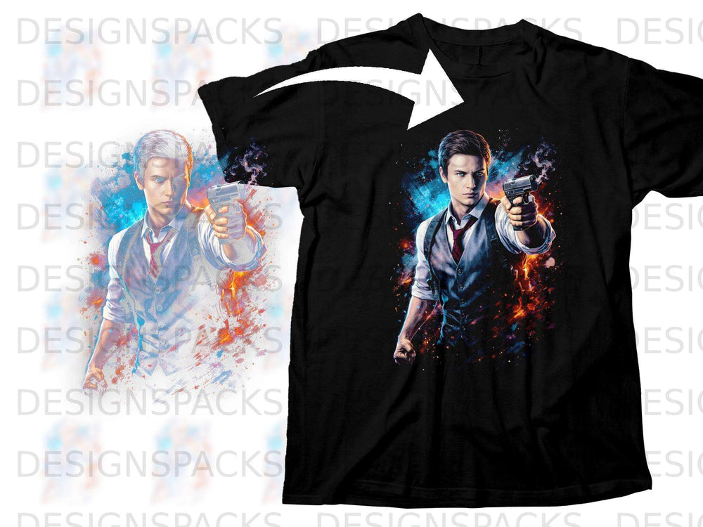 Black t-shirt with graphic of a man holding a gun with fiery explosion background.