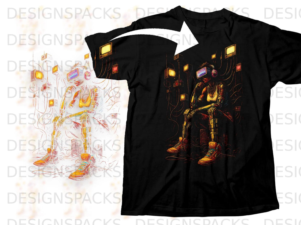 Cyberpunk robot with VR headset sitting among glowing screens and wires.