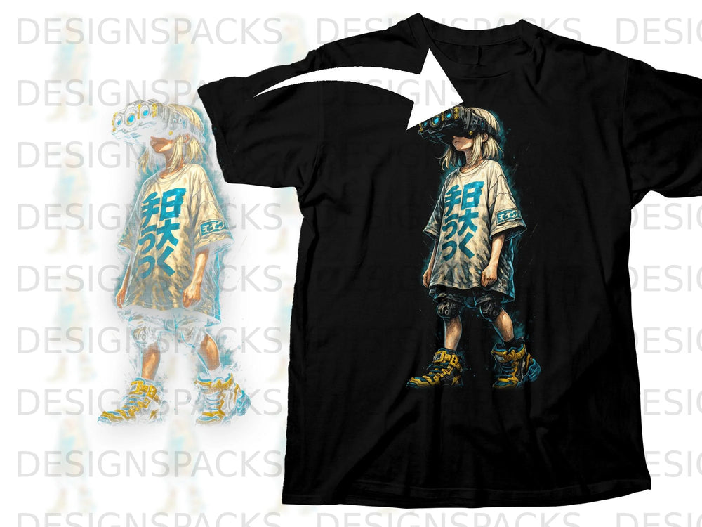 Black t-shirt mockup featuring anime-style character with VR goggles and Japanese text.