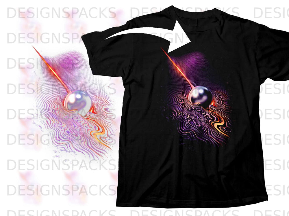 Black t-shirt featuring a metallic orb with a fiery trail and abstract colorful ripples.