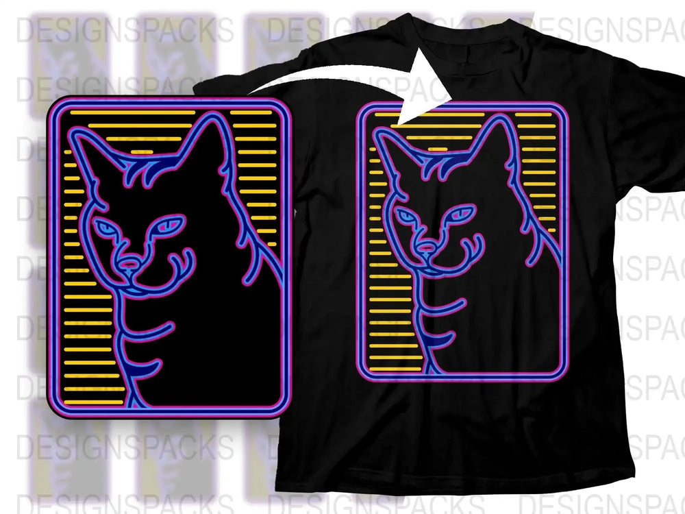 Neon Cat Art Intricate Design Casual Wear Png Digital Download