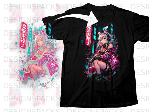 Black t-shirt featuring anime girl with cat ears in neon city.