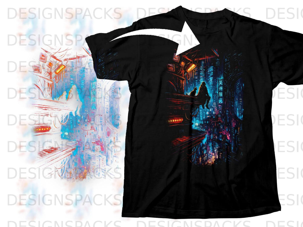 Black t-shirt with graphic of figures overlooking a futuristic city at night.