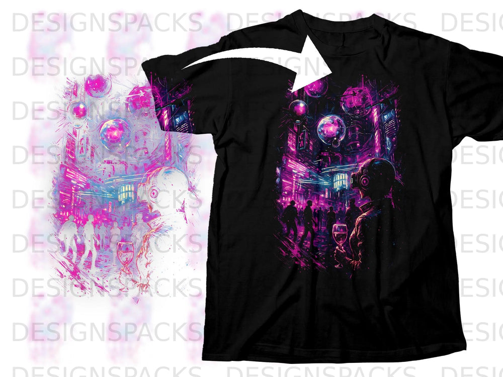 Black t-shirt with a cyberpunk cityscape and figures design featuring pink and blue neon lights.