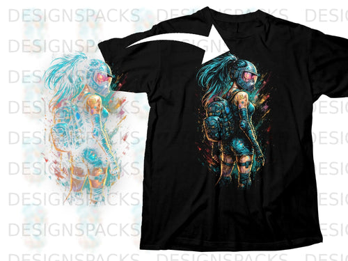 Black t-shirt featuring a vibrant cyberpunk warrior woman graphic with blue hair and a backpack.