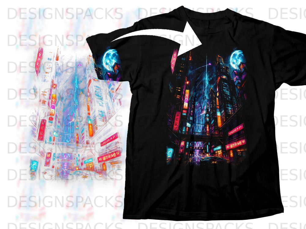 Black t-shirt with cyberpunk city, neon lights, and moon graphic.
