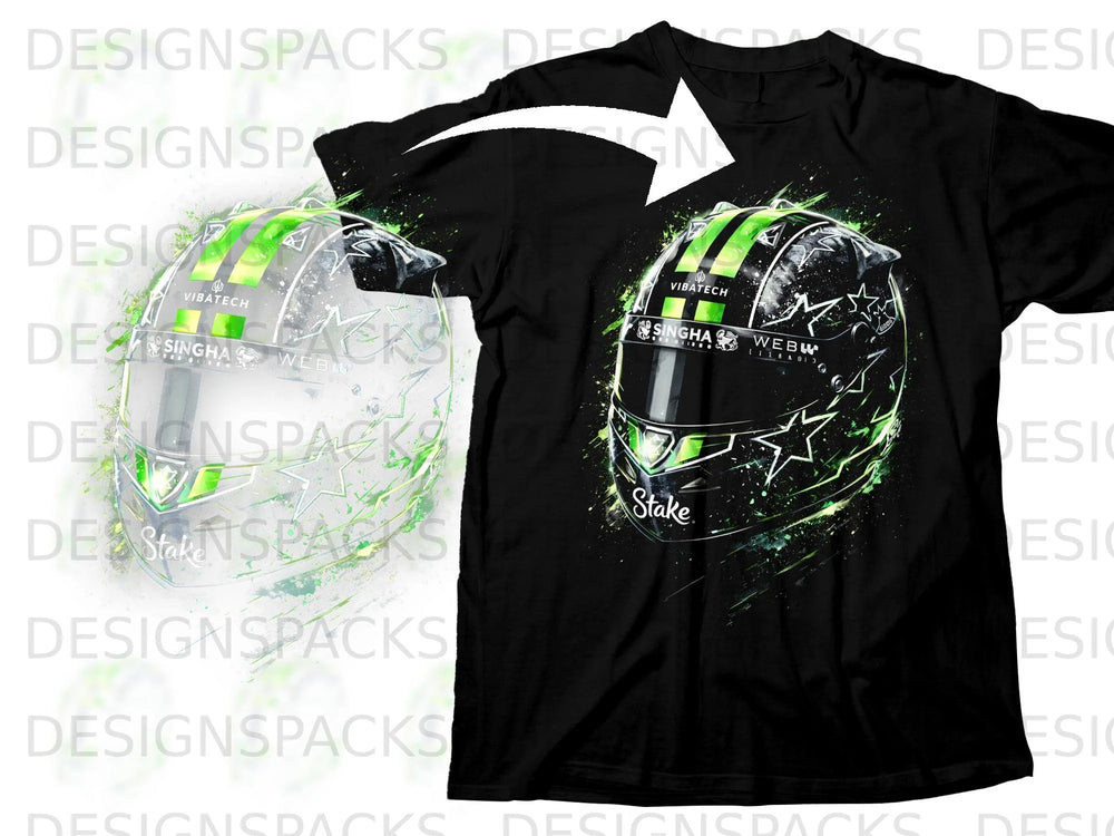 Black t-shirt with a green and black racing helmet graphic featuring logos.