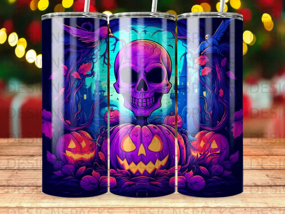 Neon Haunt Skull & Pumpkin Tumbler Digital Wrap Design