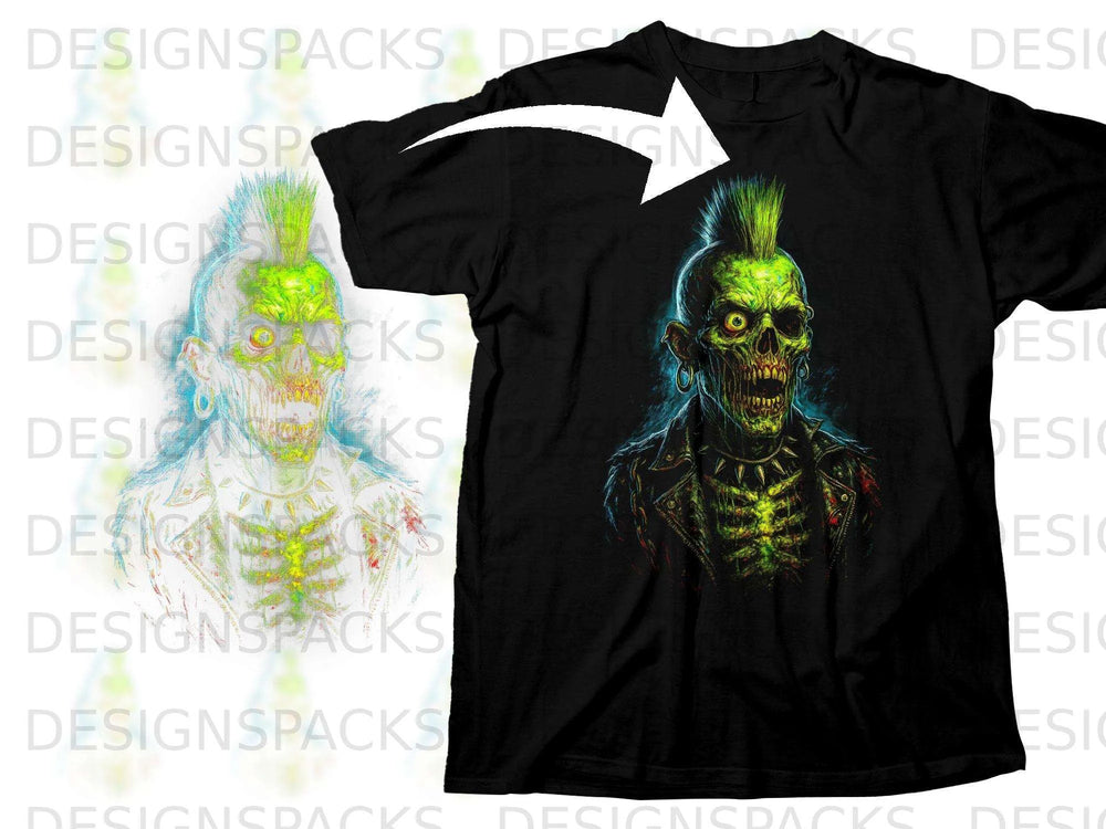 Black t-shirt featuring a green, punk-rock zombie skull with mohawk and spiked jacket.