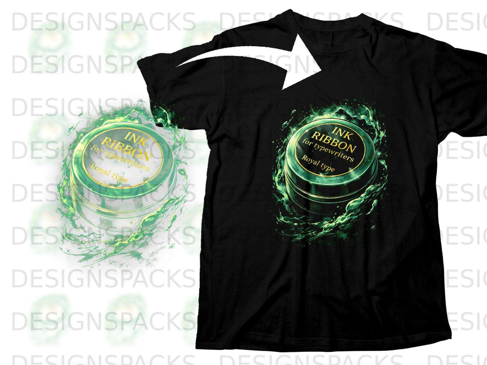 Black t-shirt with a graphic of a royal type ink ribbon for typewriters.