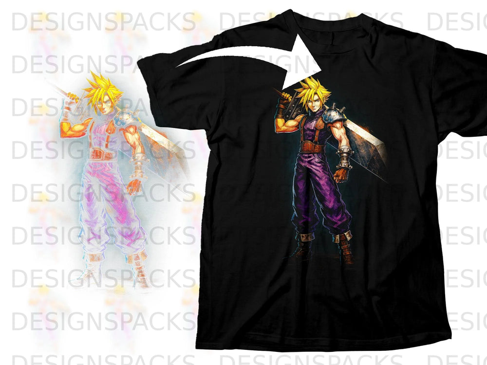 Black t-shirt featuring a stylized anime character with spiky blonde hair and a large sword.