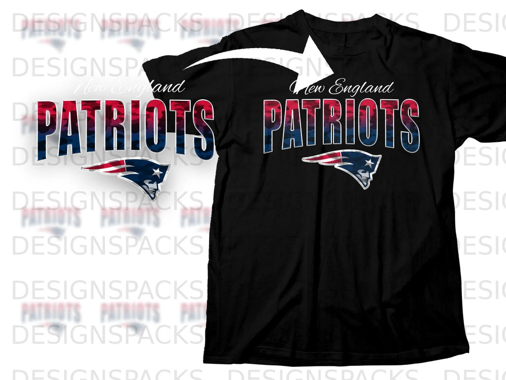 New England Patriots t-shirt with camouflage text and team logo.