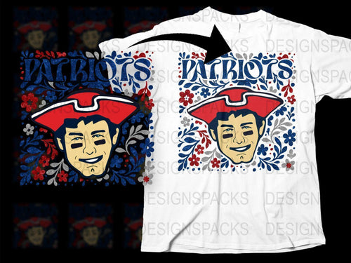Patriots Fan T-Shirt, Floral Design, Vintage Style, Unique Red and Blue Graphic Tee, Unisex Adult Clothing