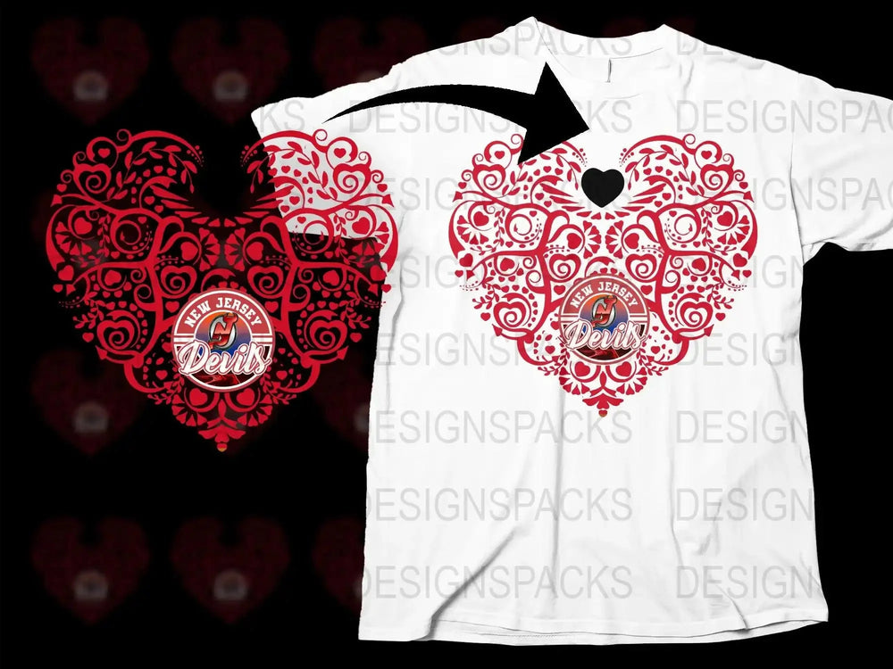 New Jersey Devils heart design t-shirt, red floral pattern with team logo, print-ready SVG/PNG