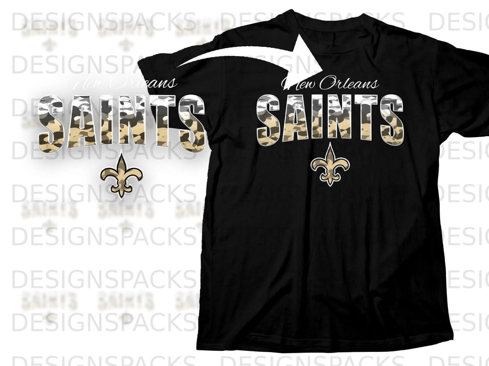 Black t-shirt with "New Orleans Saints" and Fleur-de-lis logo.