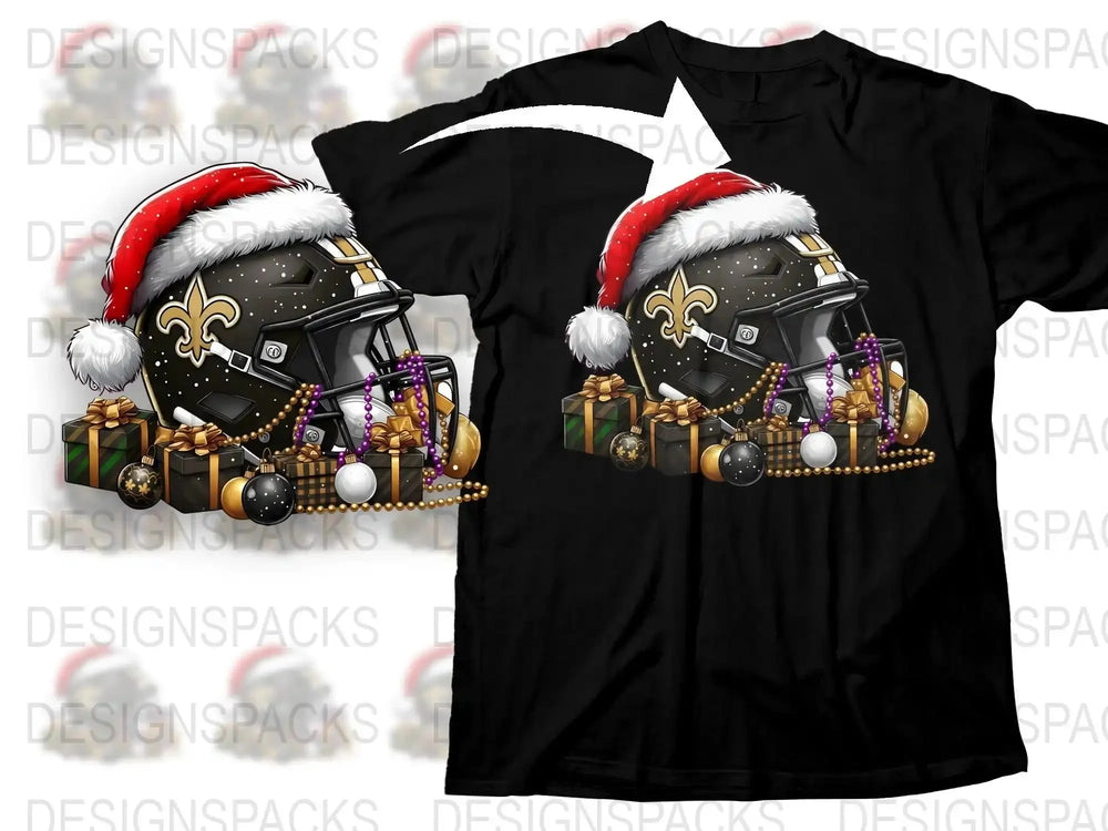 Festive Holiday Football T-Shirt, Sports Helmet with Christmas Hat, New Orleans Themed, Gift for Fans, Black Cotton Tee, Unisex Fit